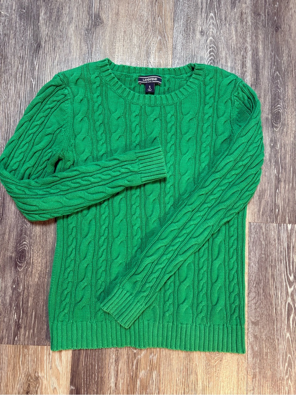 Lands' End Women's Green Cable-Knit Crewneck Sweater Fall/Winter Fashion Casual